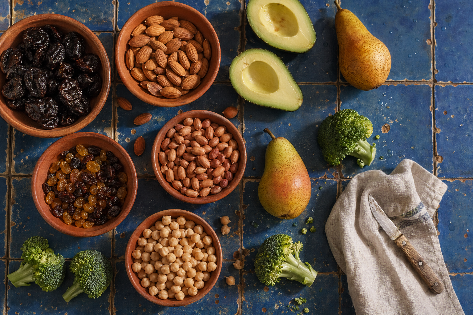 Mga pagkaing mayaman sa boron kabilang ang prunes, mani, chickpeas, avocado, peras, at broccoli