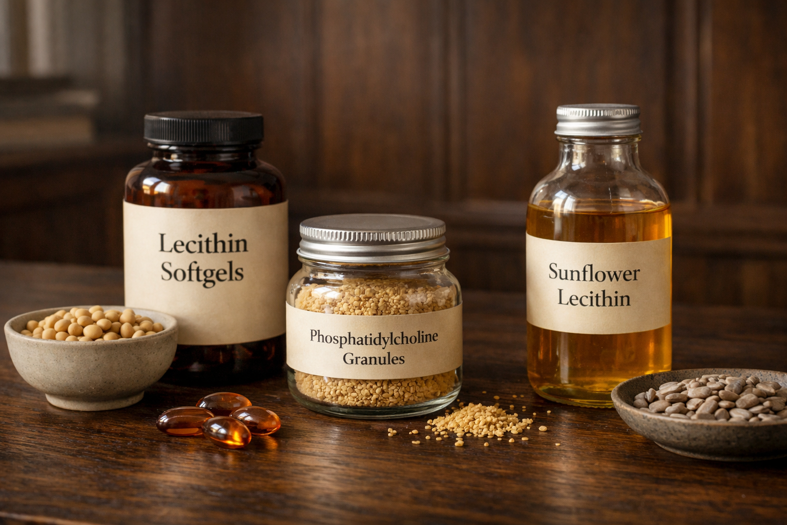 Mga softgel, granule, at likidong lecithin katabi ng mga buto ng sunflower at butil ng soy