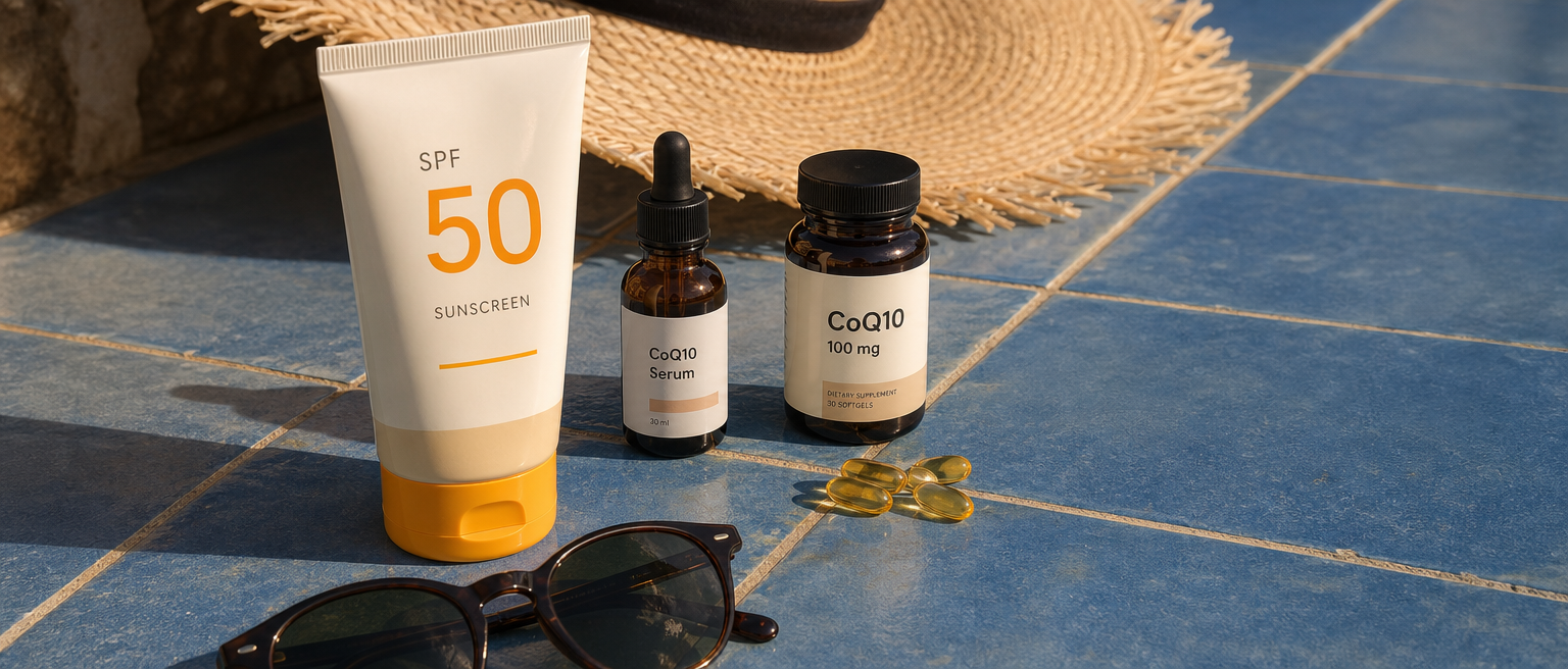 Karaniwang sunscreen, CoQ10 serum, at mga kapsula ng CoQ10 na nakaayos kasama ng salaming pang-araw at sombrerong panangga sa araw.